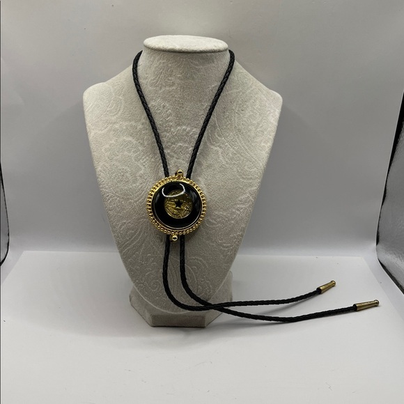 Black and Gold Bolo Tie with Circular Pendant with Star Center Black Braided - Picture 4 of 16